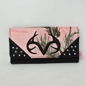 Realtree Pink Camo Trifold Wallet Rhinestone Studded Antler Canvas Faux Leather